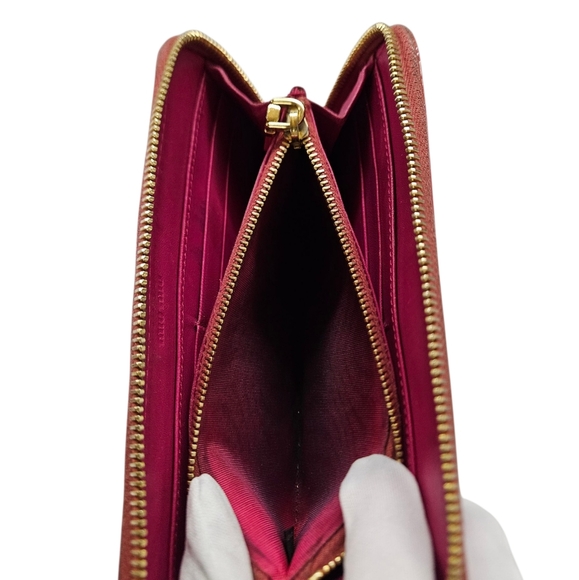 Miu Miu Patent Leather Continental Wallet with Bow Accent In Peony Pink And Gold - Picture 15 of 17